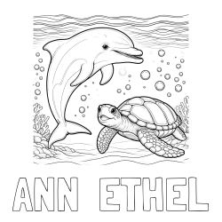 ANN  ETHEL Coloring Page and Coloring Book of a Cute Dolphin and Its Turtle Friend"