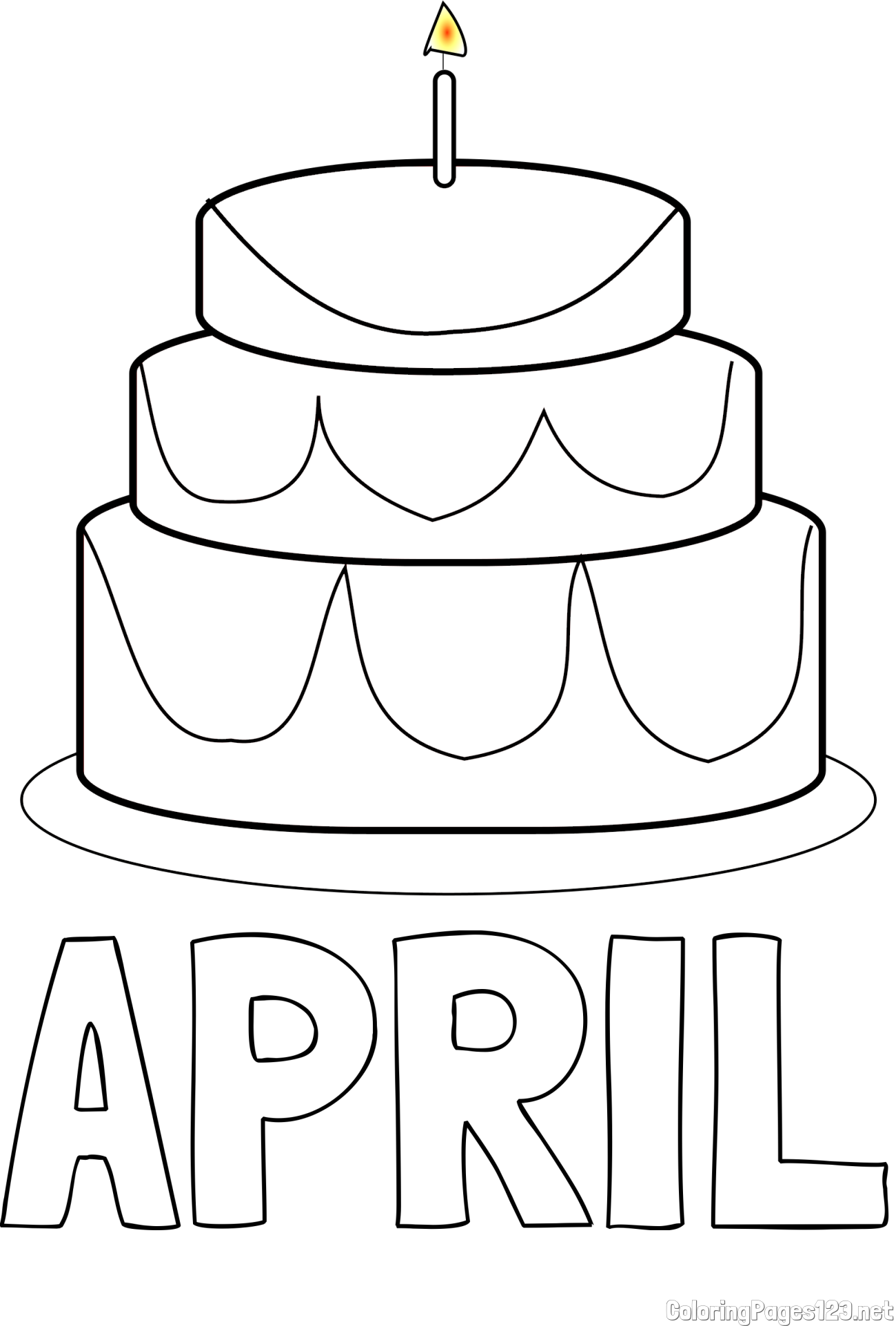 APRIL Coloring Page and Big Birthday Cake Coloring Page