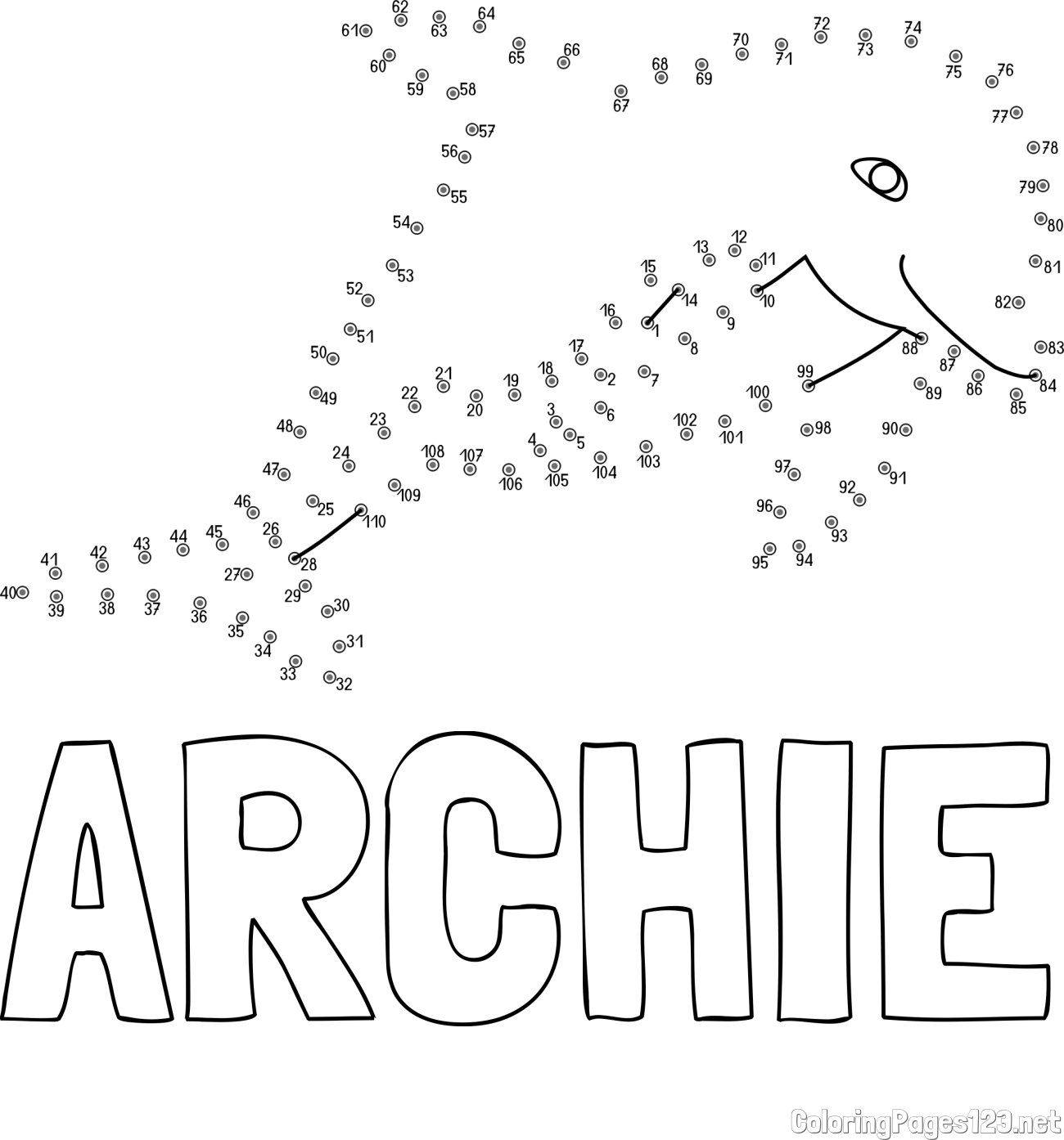 ARCHIE Coloring Page and Dolphin Connect the Dots Coloring Page