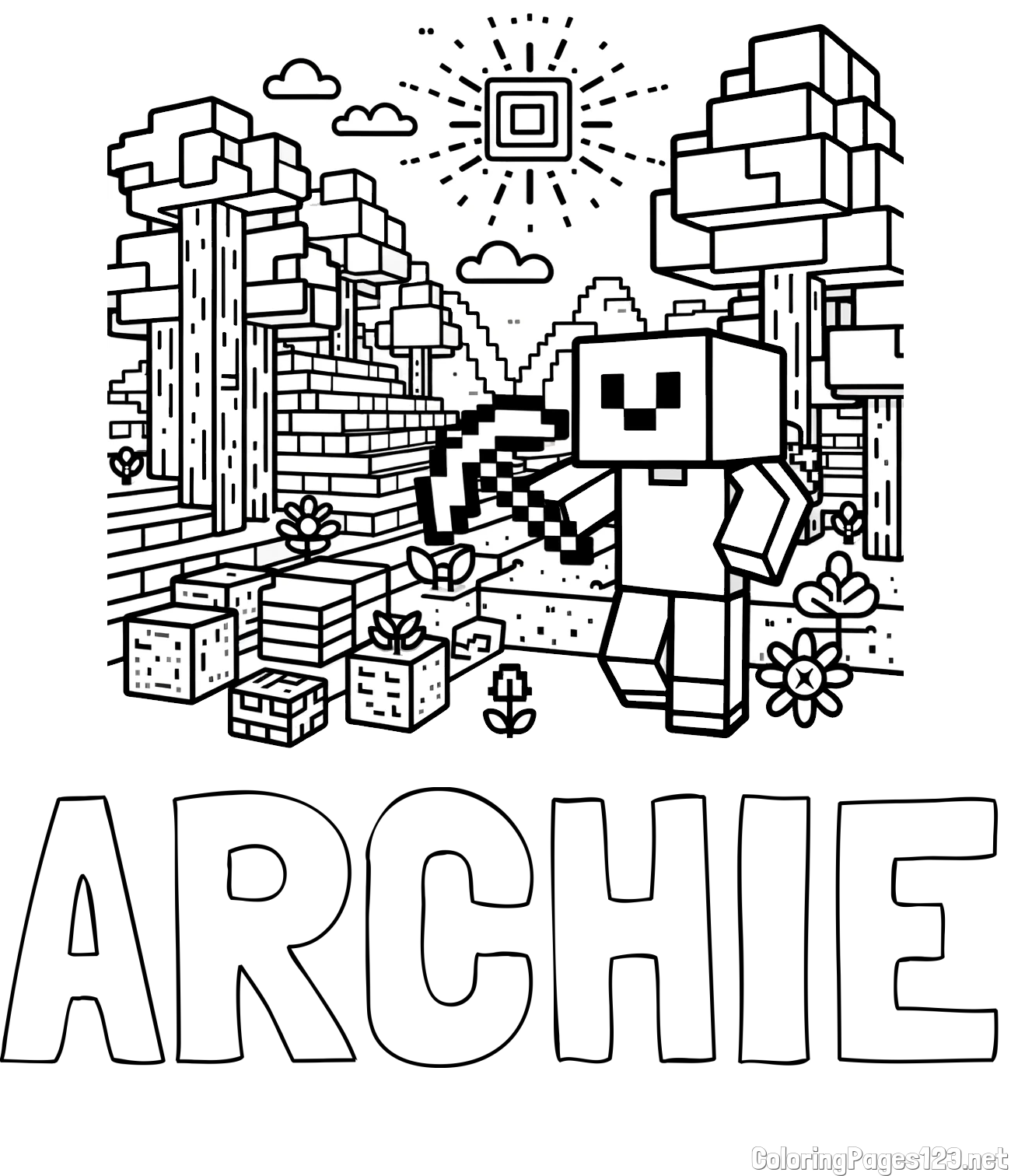 ARCHIE Coloring Page and Minecraft World Coloring Page