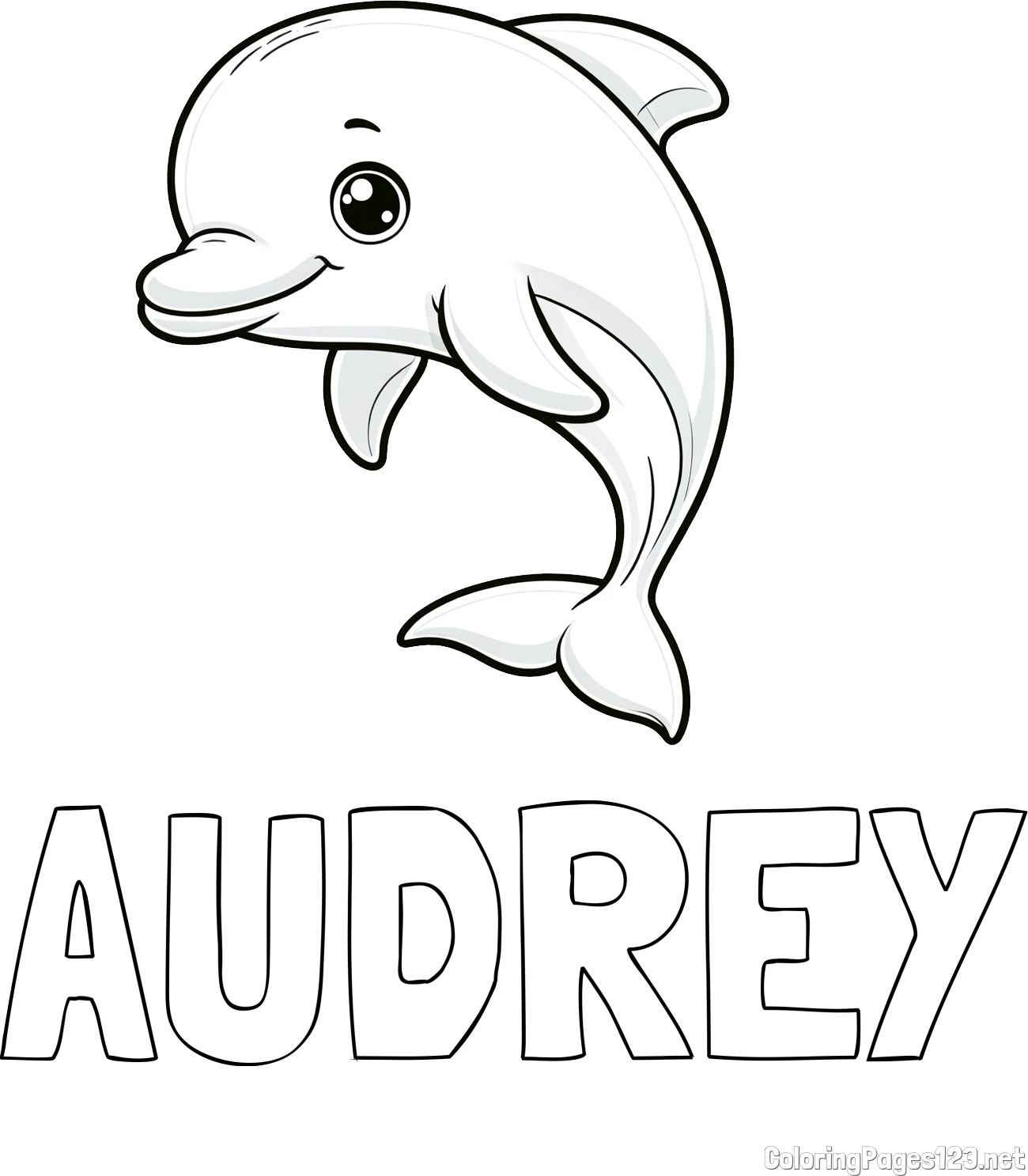AUDREY Coloring Page and Children's Coloring Book of a Cute Dolphin