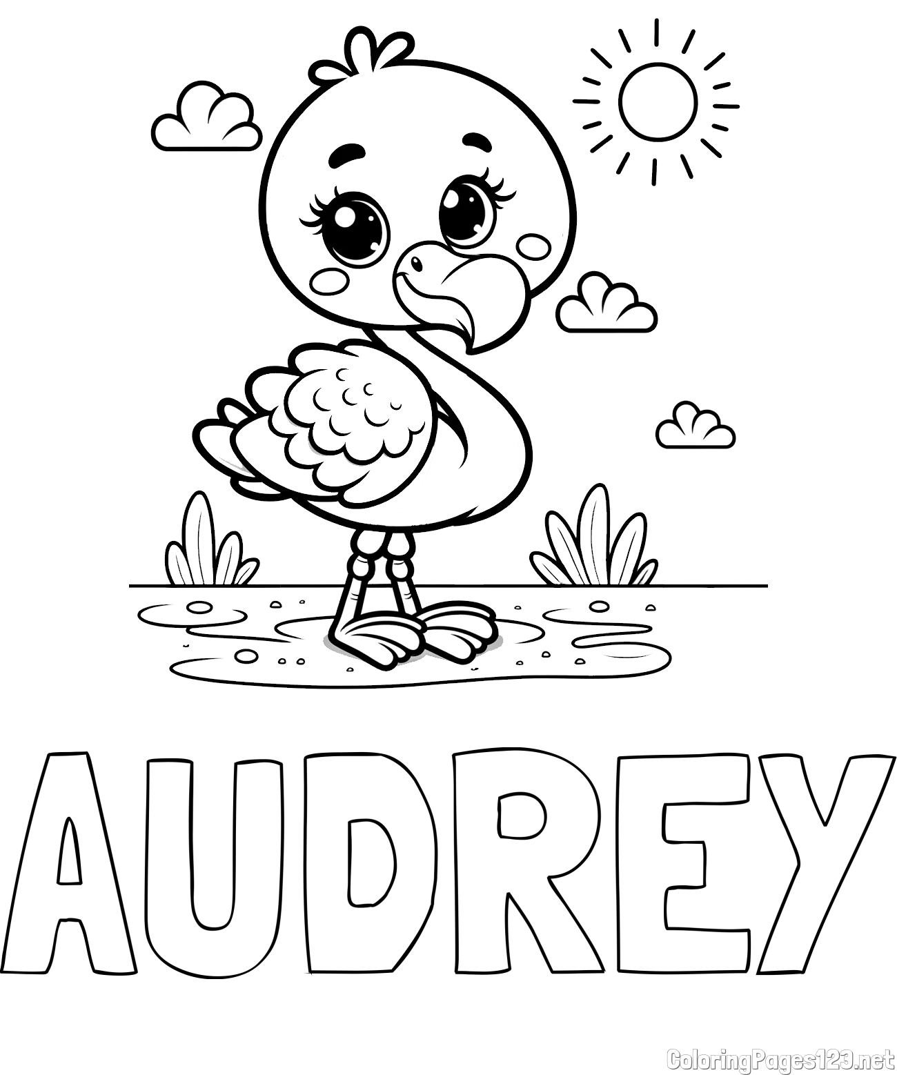 AUDREY Coloring Page and Easy Coloring Page of a Cute Flamingo