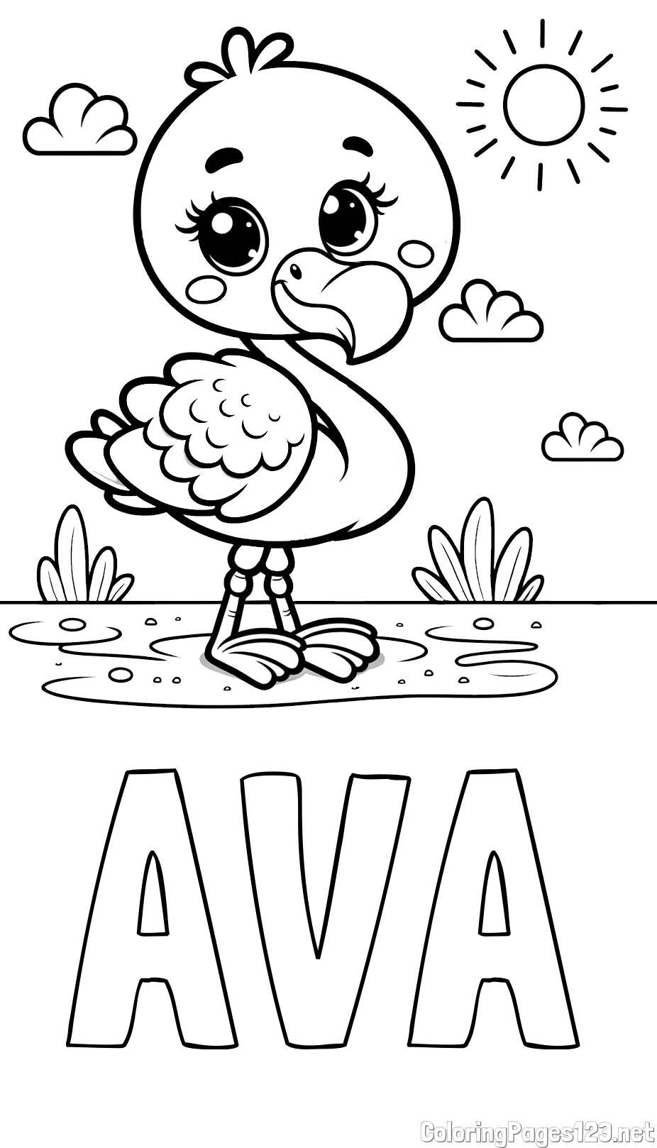 AVA Coloring Page and Easy Coloring Page of a Cute Flamingo