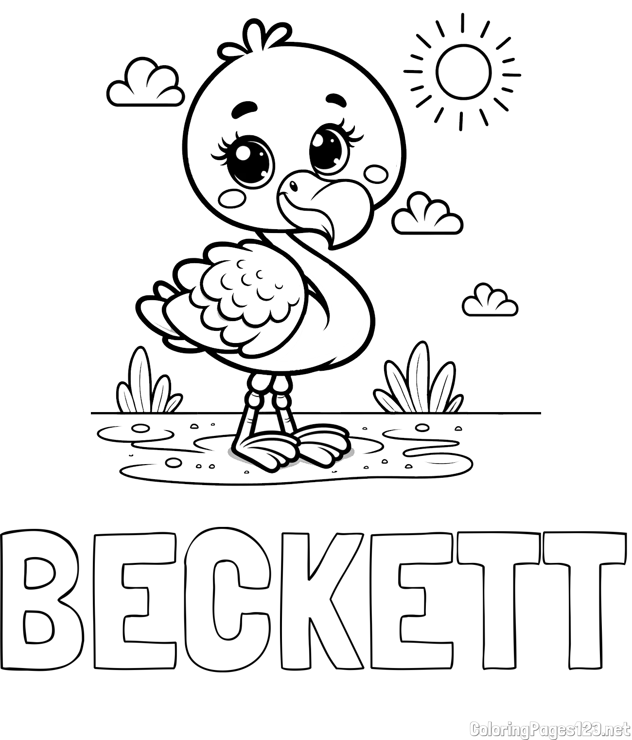 BECKETT Coloring Page and Easy Coloring Page of a Cute Flamingo