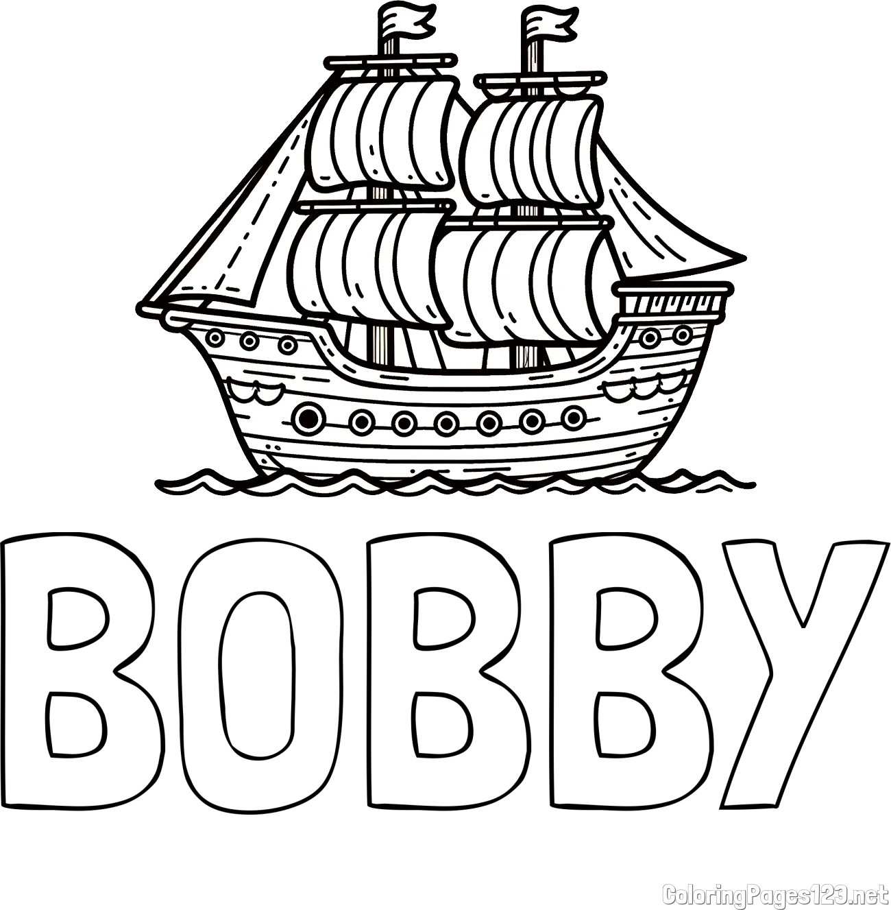 BOBBY Coloring Page and Pirate Ship Coloring Page