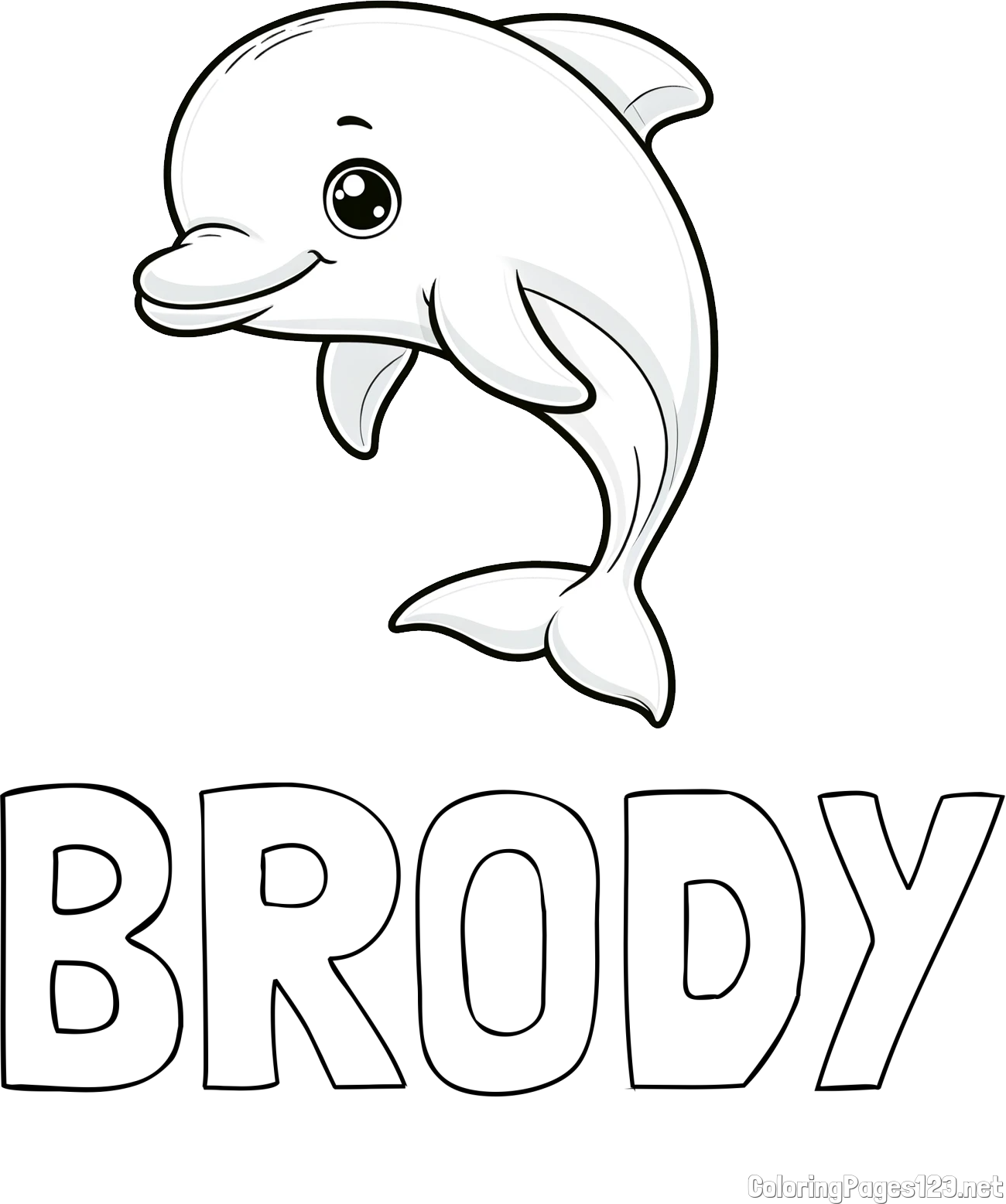 BRODY Coloring Page and Children's Coloring Book of a Cute Dolphin