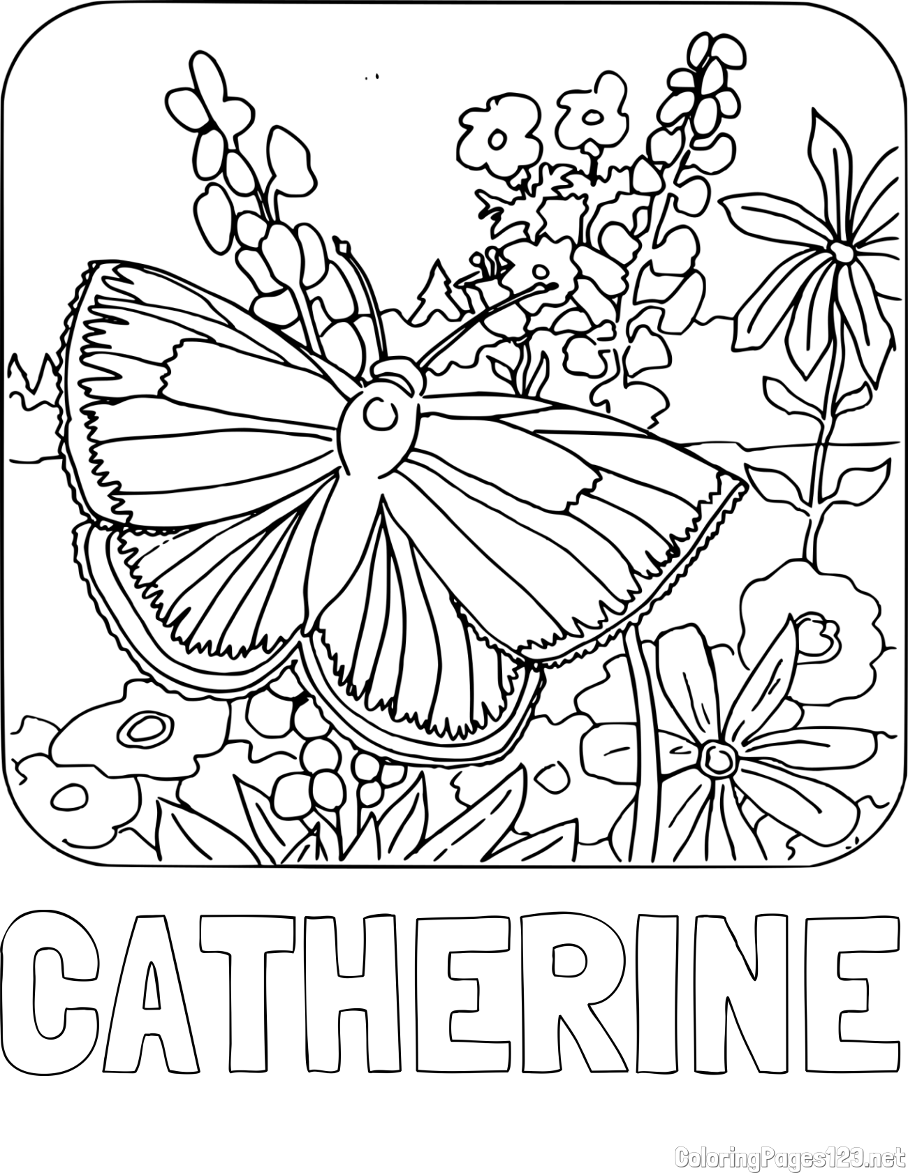 CATHERINE Coloring Page and Butterfly on Flower Coloring Page