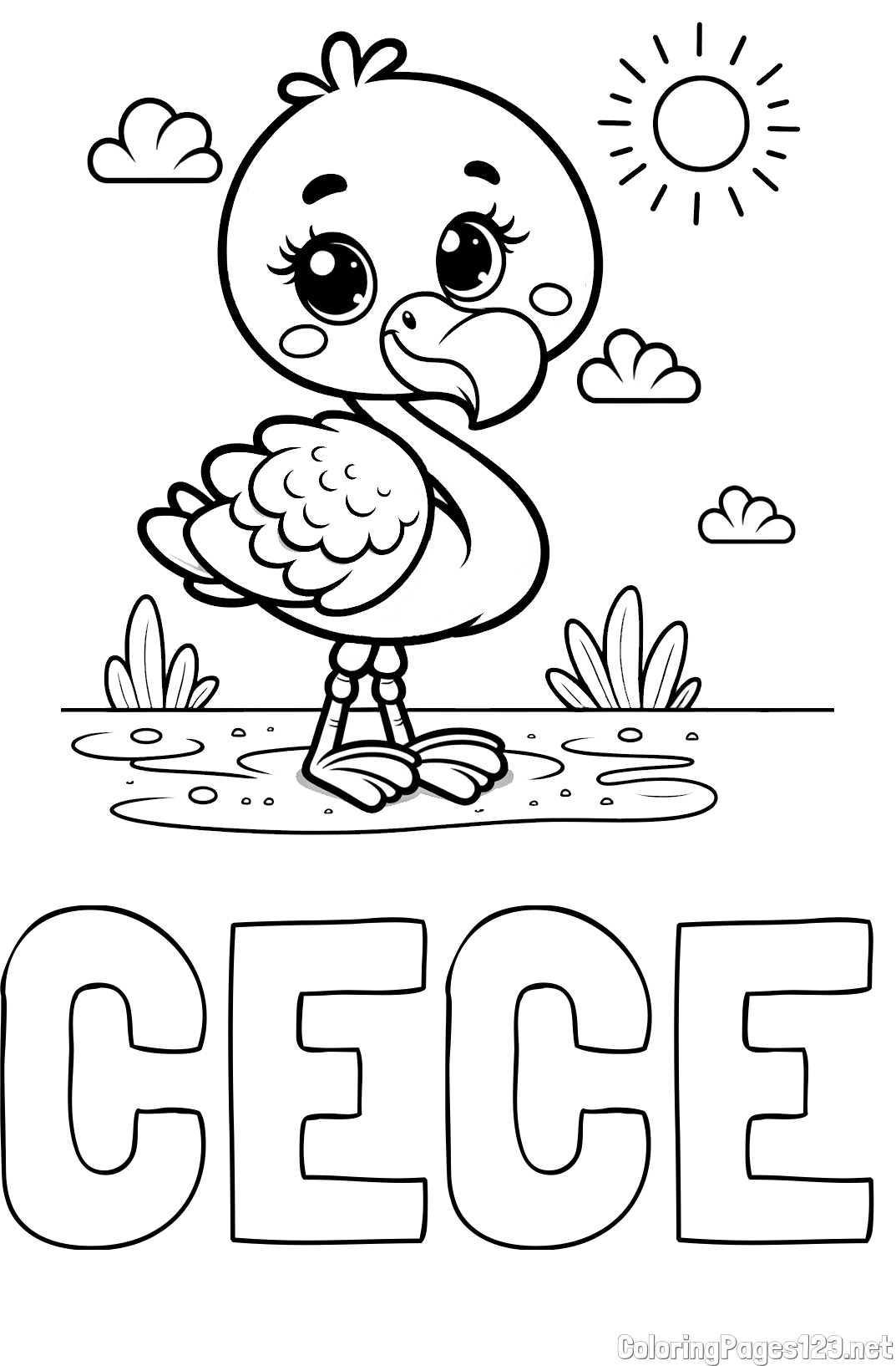 CECE Coloring Page and Easy Coloring Page of a Cute Flamingo