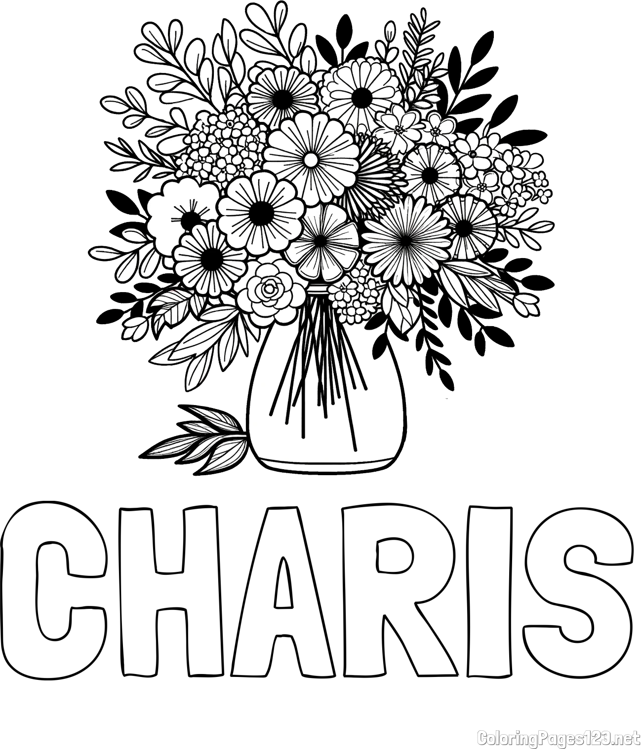 CHARIS Coloring Page and Flower Bouquet Coloring Page
