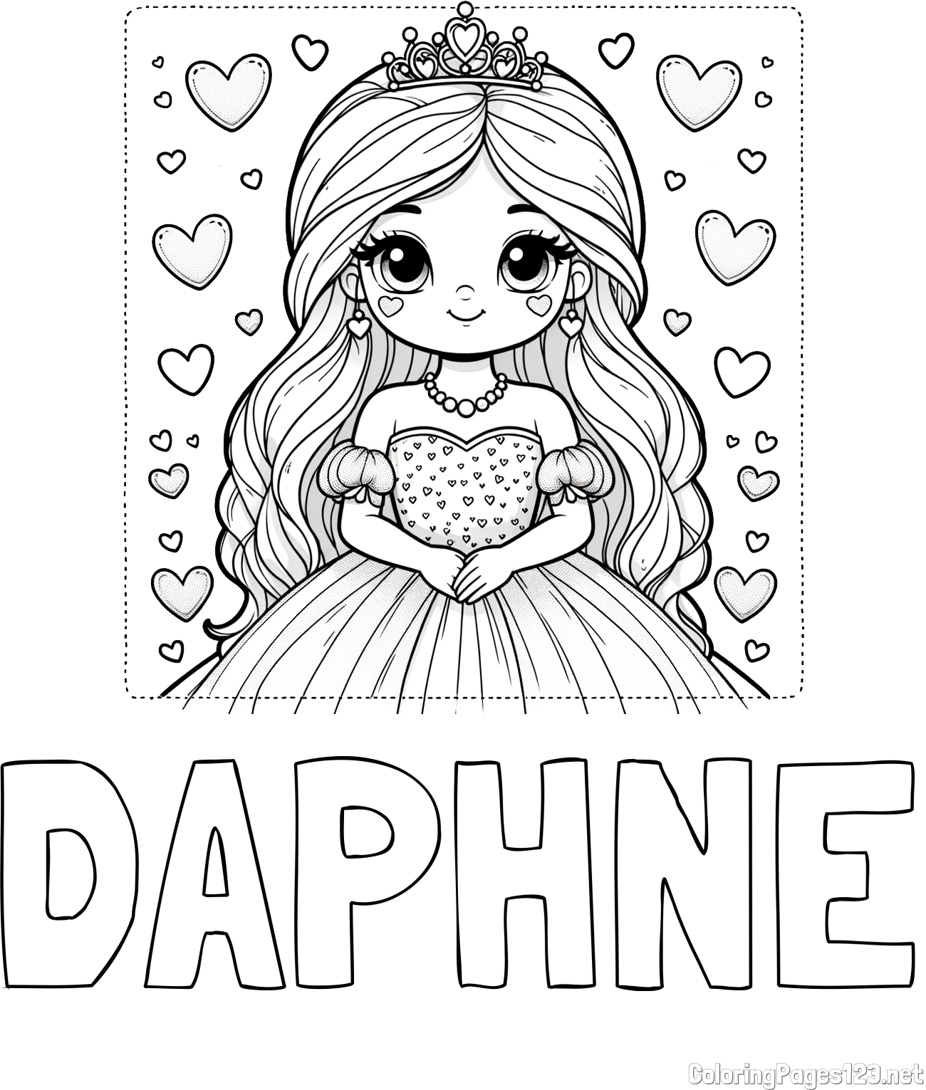 DAPHNE Coloring Page and Coloring Page of a Princess Surrounded by Hearts