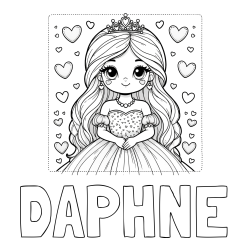 Online Created Coloring Page - DAPHNE Coloring Page and Coloring Page of a Princess Surrounded by Hearts