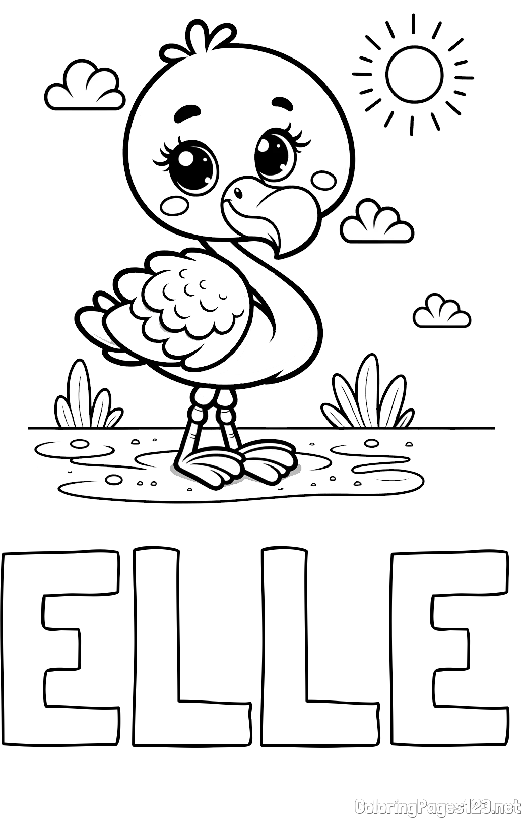 ELLE Coloring Page and Easy Coloring Page of a Cute Flamingo