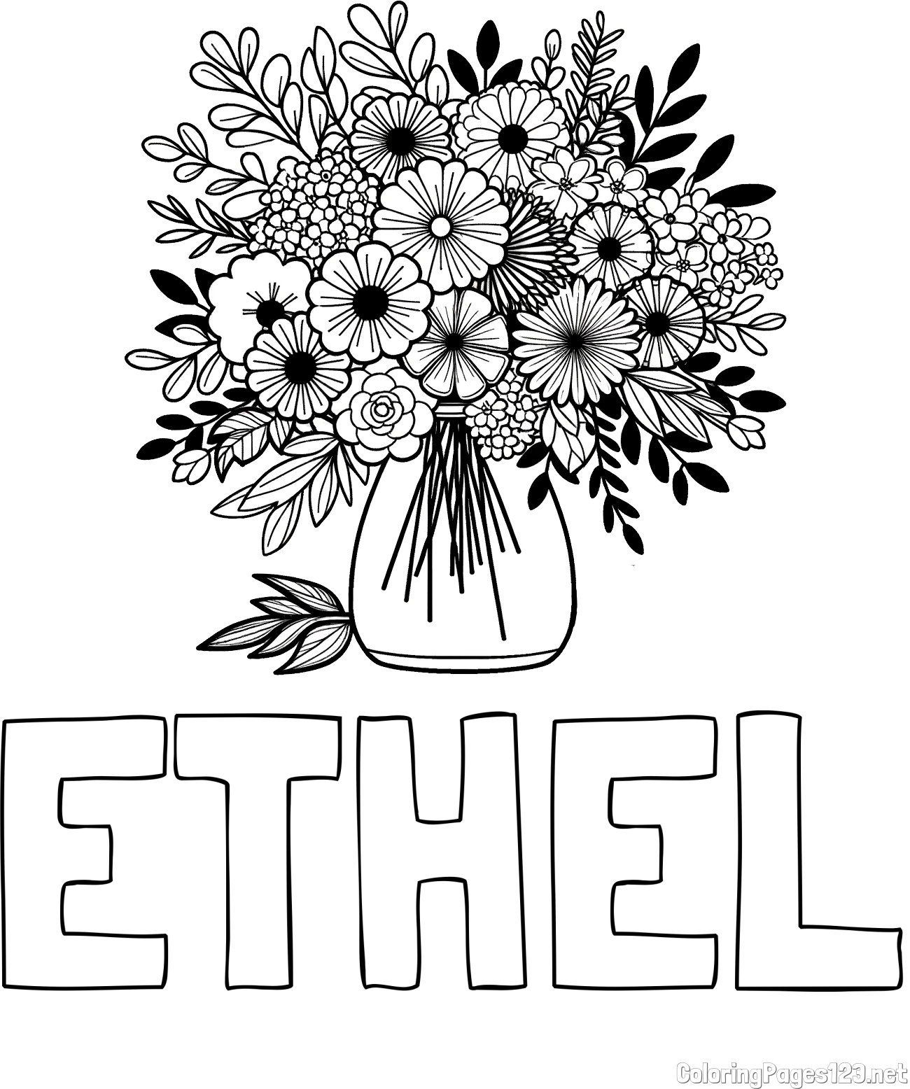 ETHEL Coloring Page and Flower Bouquet Coloring Page