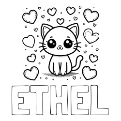 Online Created Coloring Page - ETHEL Coloring Page and Free Coloring Page of a Cat and Hearts