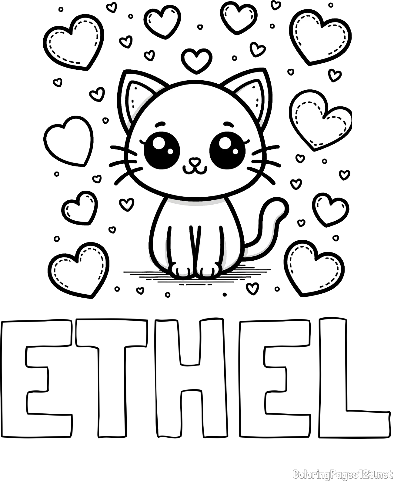 ETHEL Coloring Page and Free Coloring Page of a Cat and Hearts