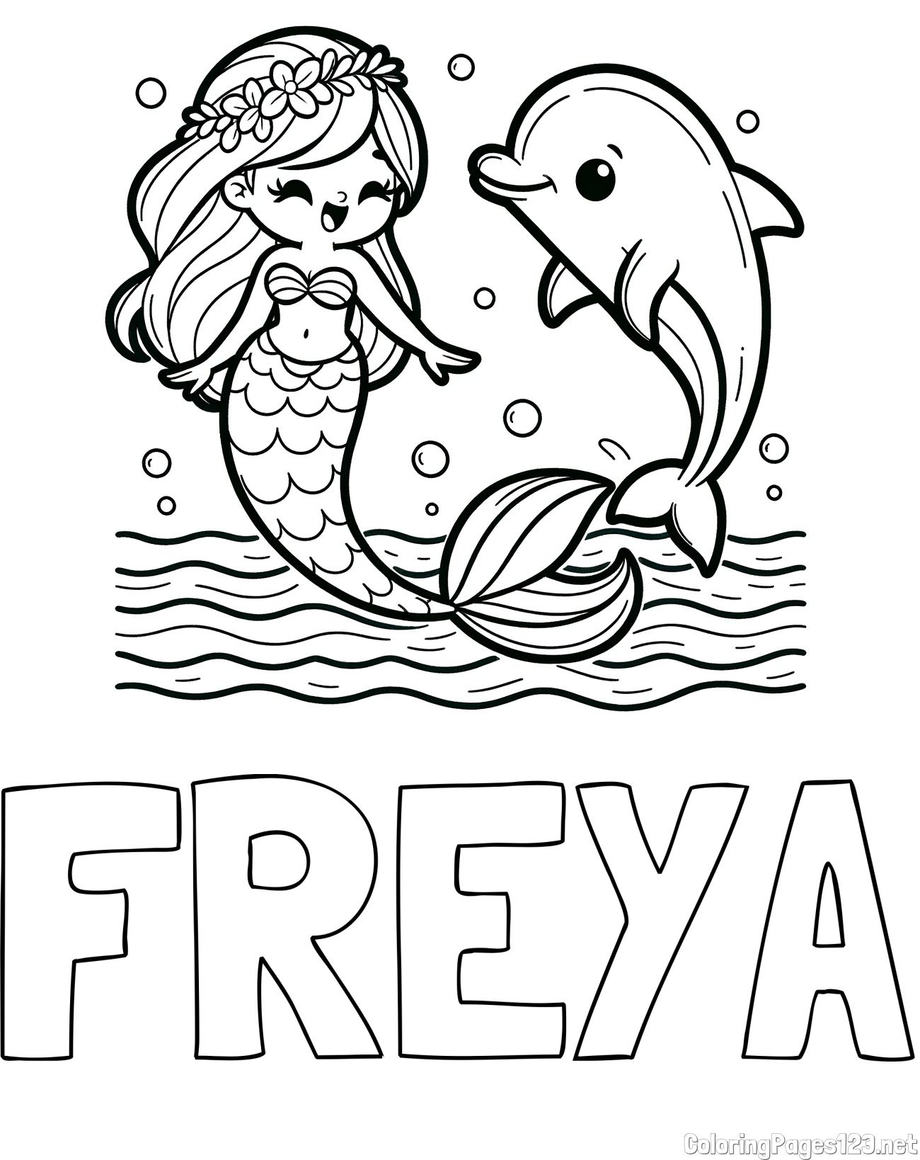 FREYA Coloring Page and Coloring Page of a Cute Mermaid Dancing with a Dolphin