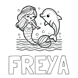 FREYA Coloring Page and Coloring Page of a Cute Mermaid Dancing with a Dolphin
