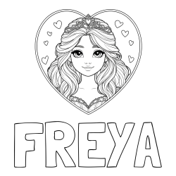 FREYA Coloring Page and Coloring Page of a Smiling Princess with Big Eyes in a Heart