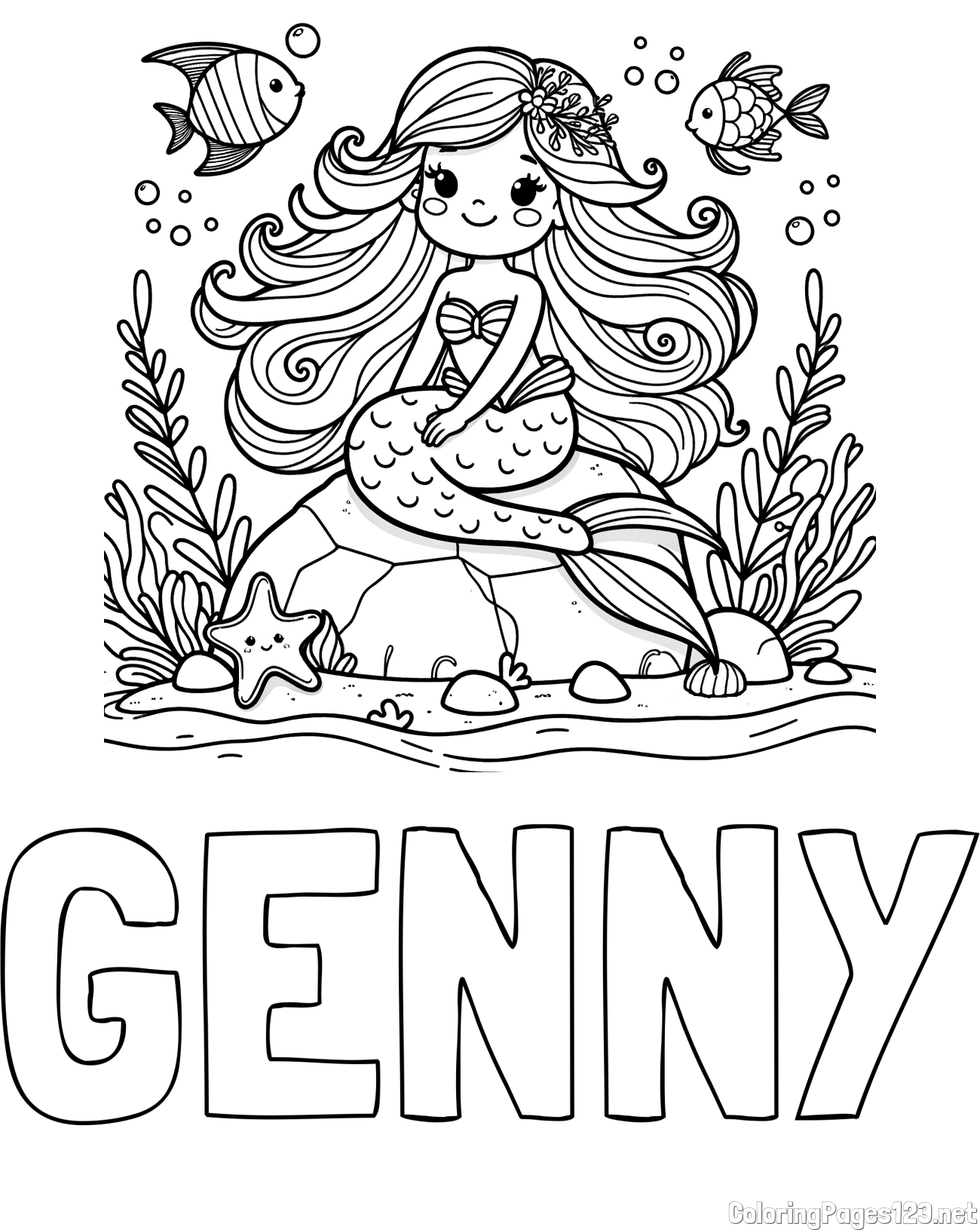 GENNY Coloring Page and Coloring Page of a Cute Little Mermaid