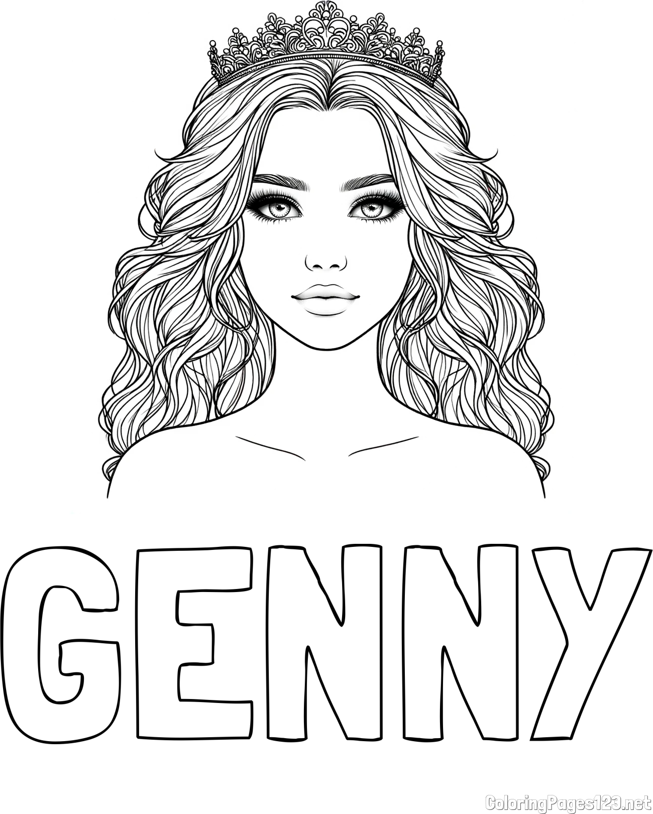 GENNY Coloring Page and Coloring Page of a Princess with a Crown
