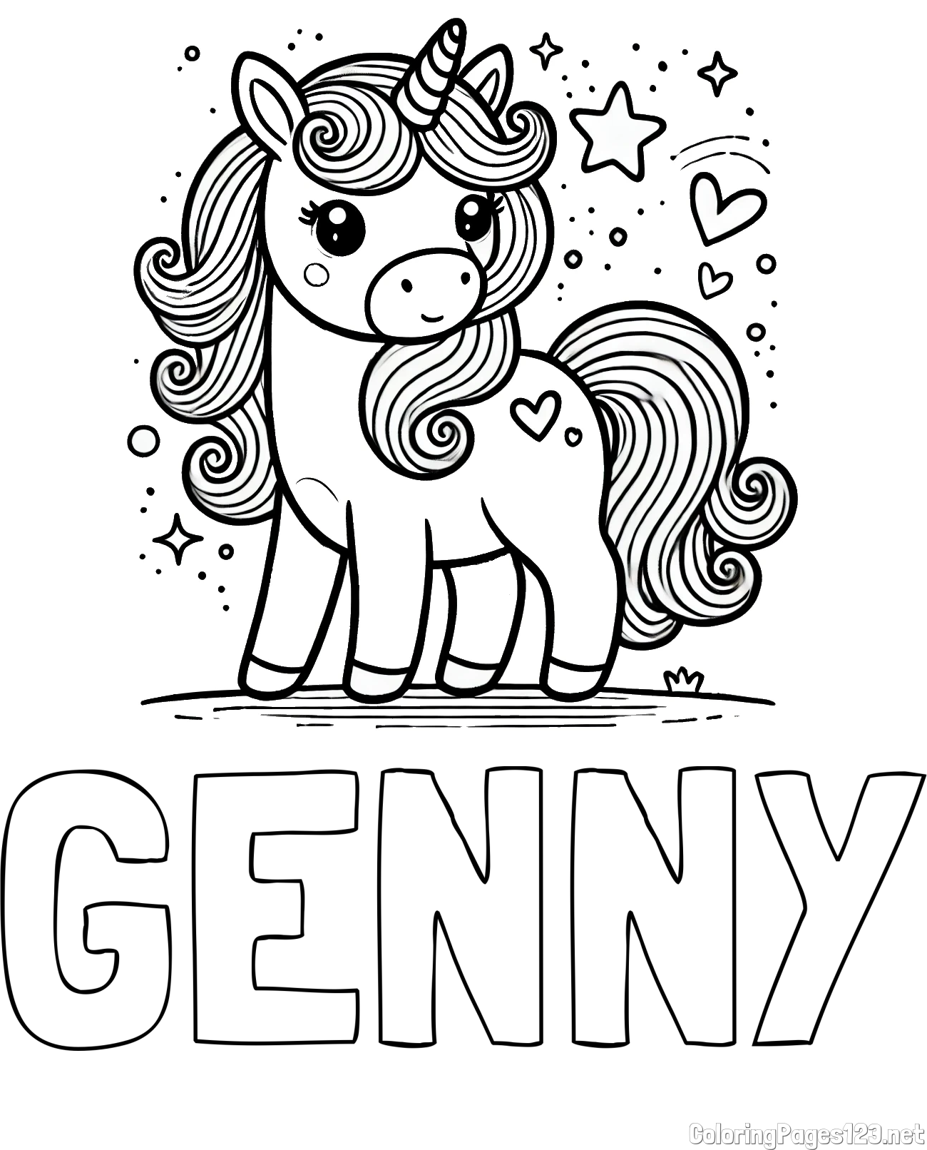 GENNY Coloring Page and Cute Unicorn Coloring Page