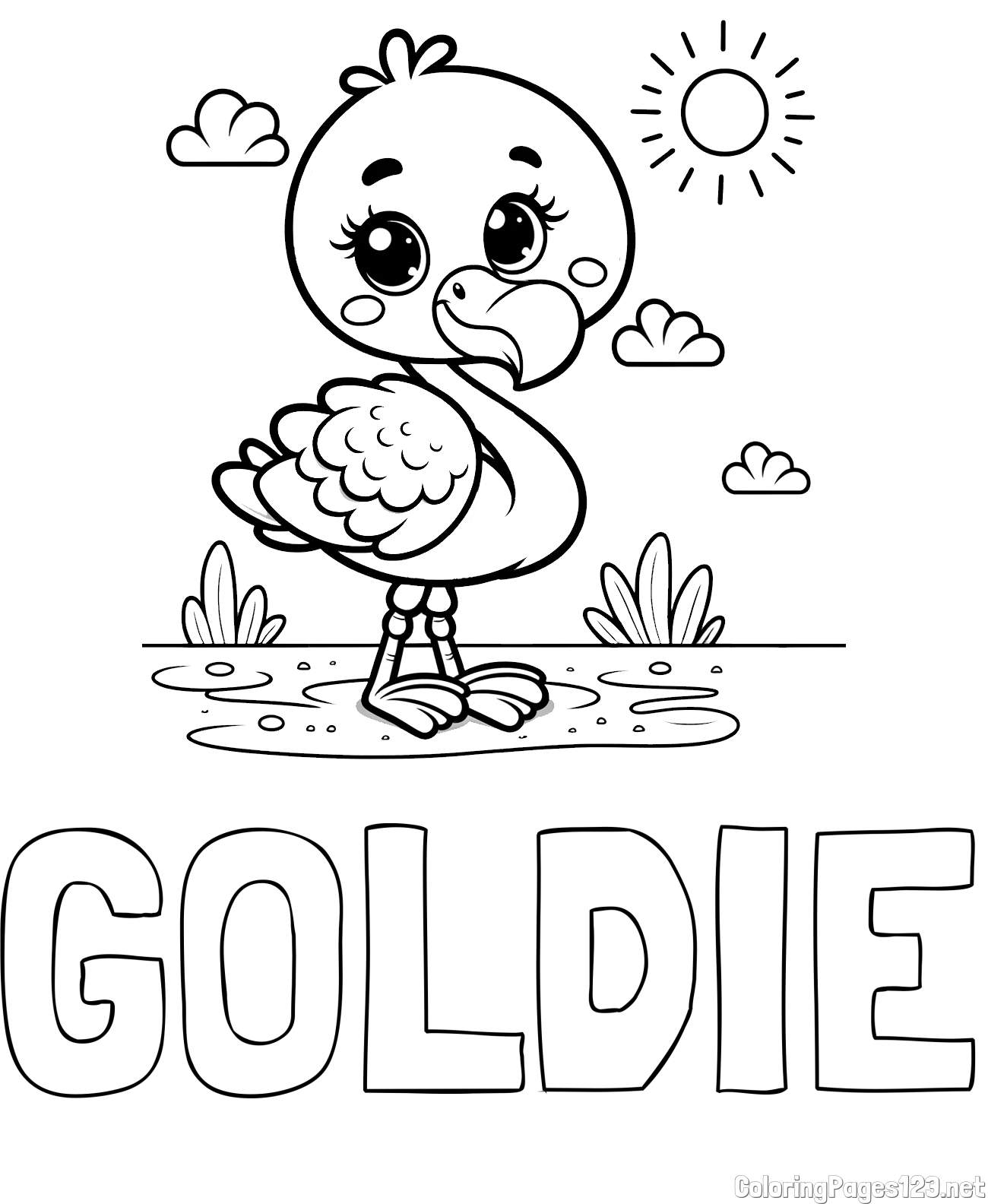 GOLDIE Coloring Page and Easy Coloring Page of a Cute Flamingo