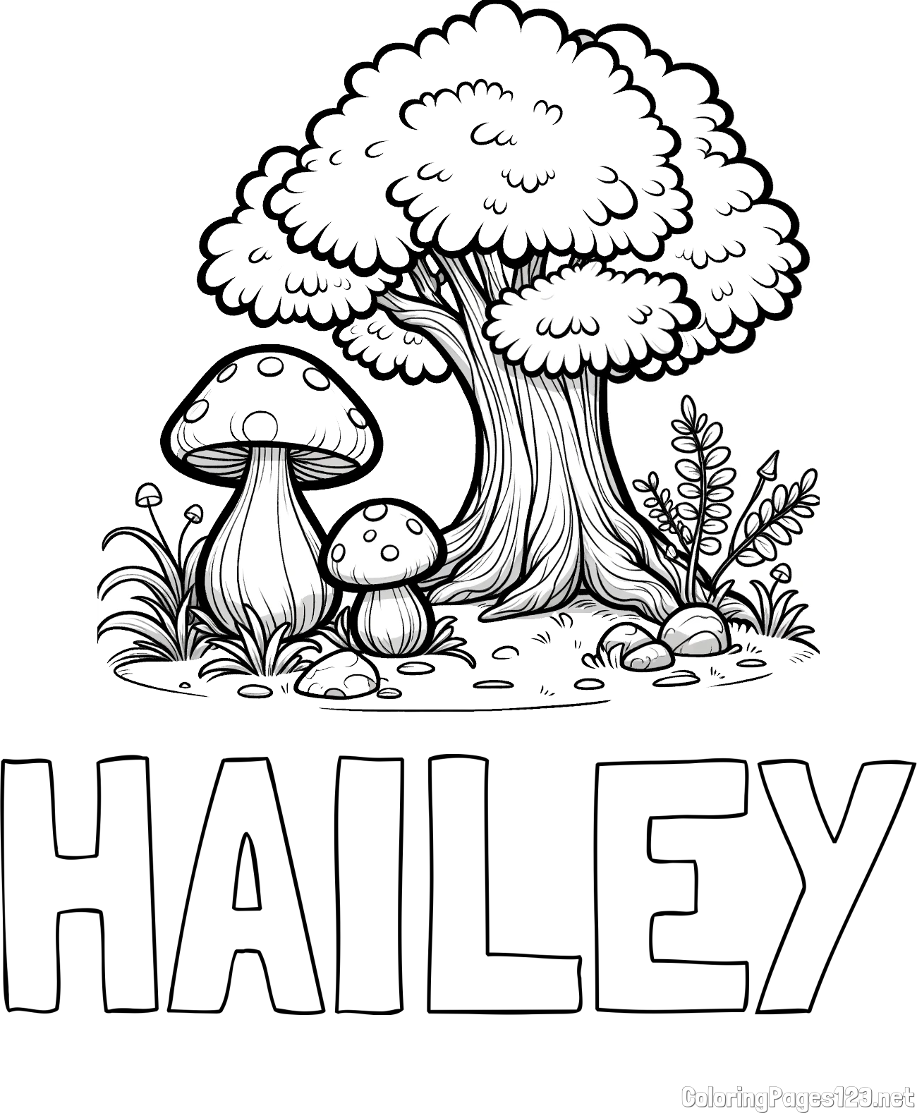 HAILEY Coloring Page and Coloring Page of Two Mushrooms and a Big Tree