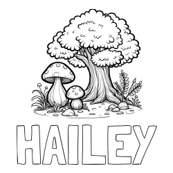Online Created Coloring Page - HAILEY Coloring Page and Coloring Page of Two Mushrooms and a Big Tree