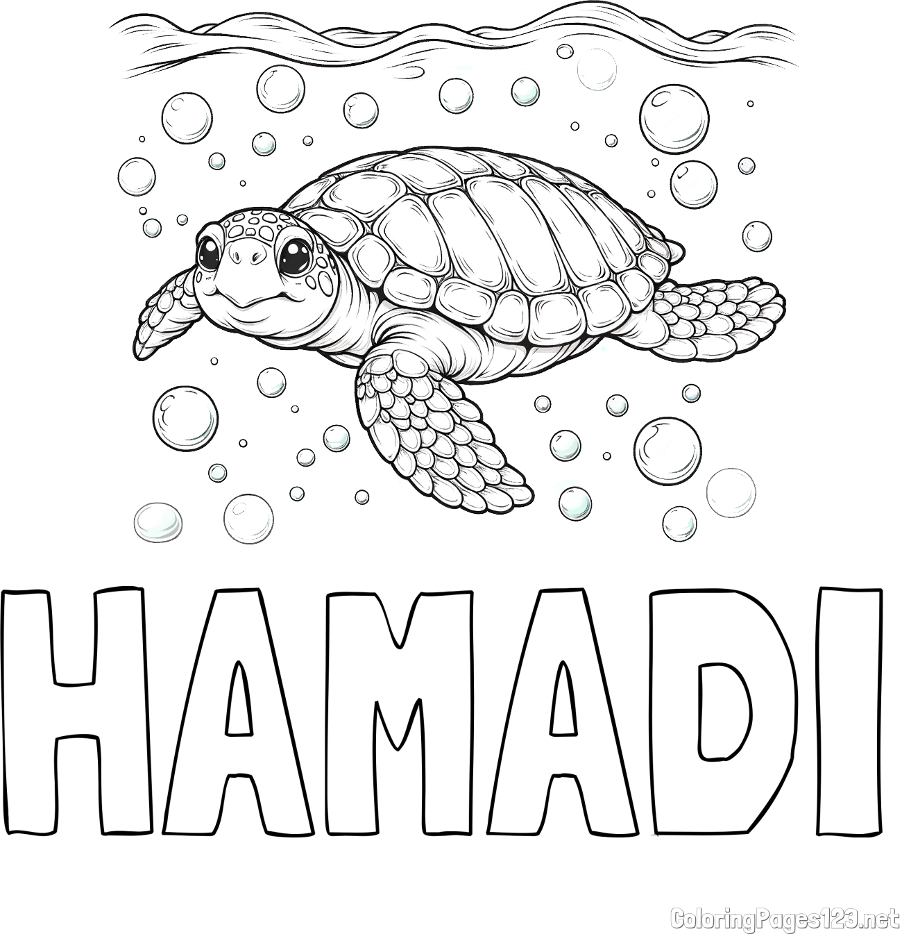 HAMADI Coloring Page and Coloring Page of a Sea Turtle Swimming in the Ocean