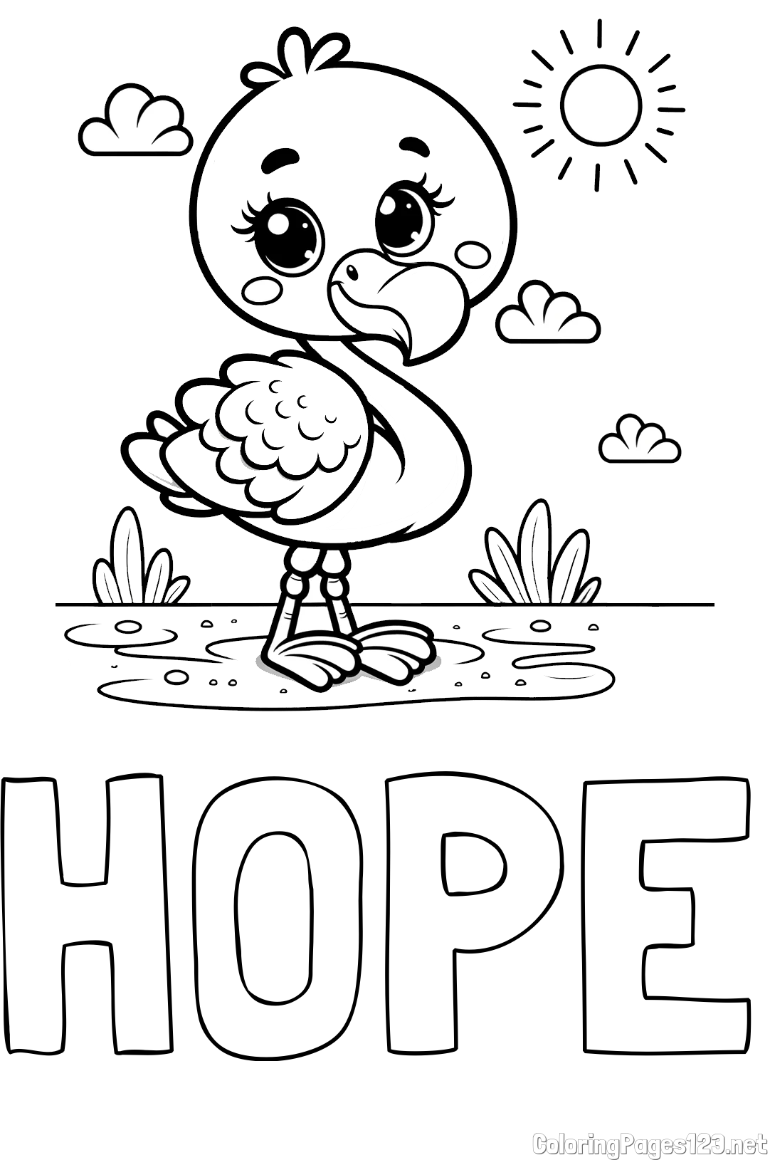 HOPE Coloring Page and Easy Coloring Page of a Cute Flamingo