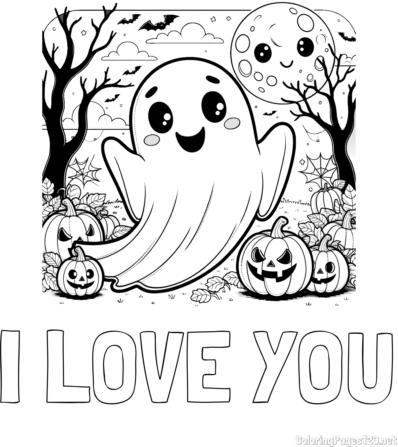 I LOVE YOU Coloring Page and Halloween Coloring Page of a Ghost with Pumpkins