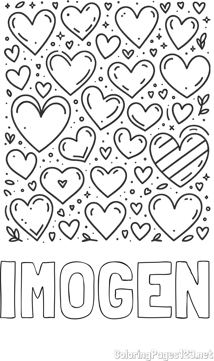 IMOGEN Coloring Page and Children's Coloring Page of Many Hearts