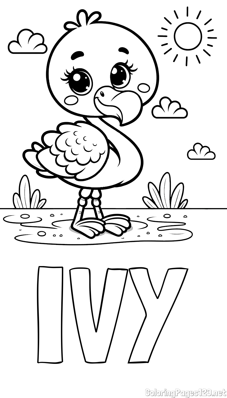 IVY Coloring Page and Easy Coloring Page of a Cute Flamingo