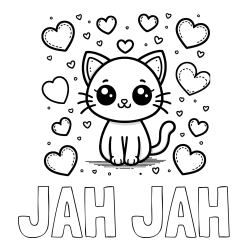 Online Created Coloring Page - JAH JAH Coloring Page and Free Coloring Page of a Cat and Hearts
