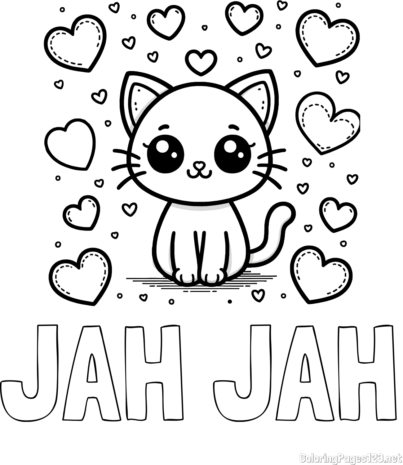JAH JAH Coloring Page and Free Coloring Page of a Cat and Hearts