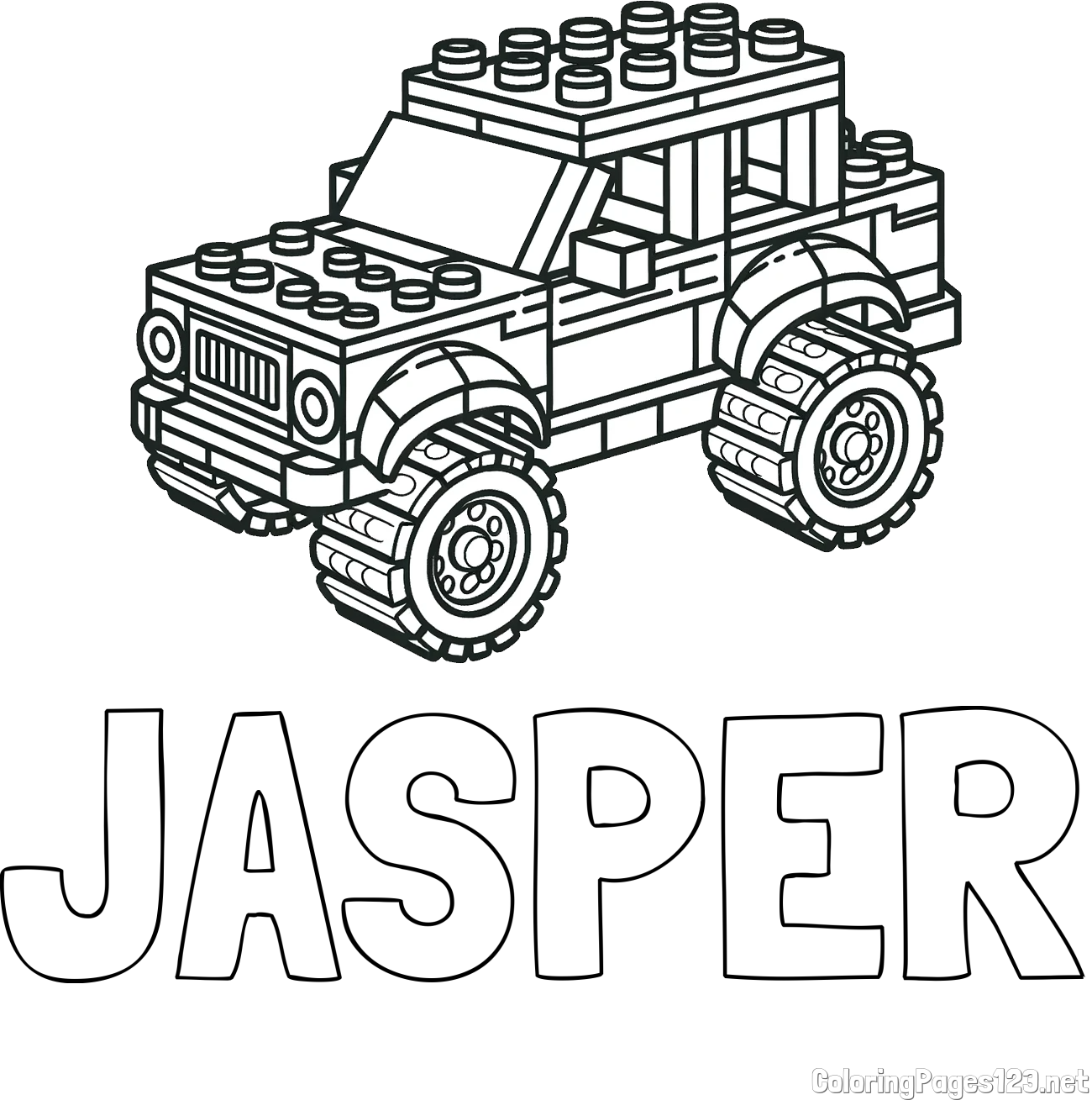 JASPER Coloring Page and LEGO Jeep Coloring Page