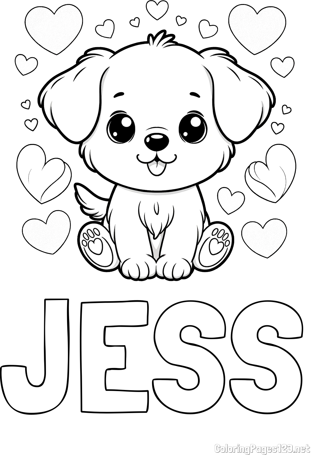 JESS Coloring Page and Coloring Page of a Cute Dog and Hearts