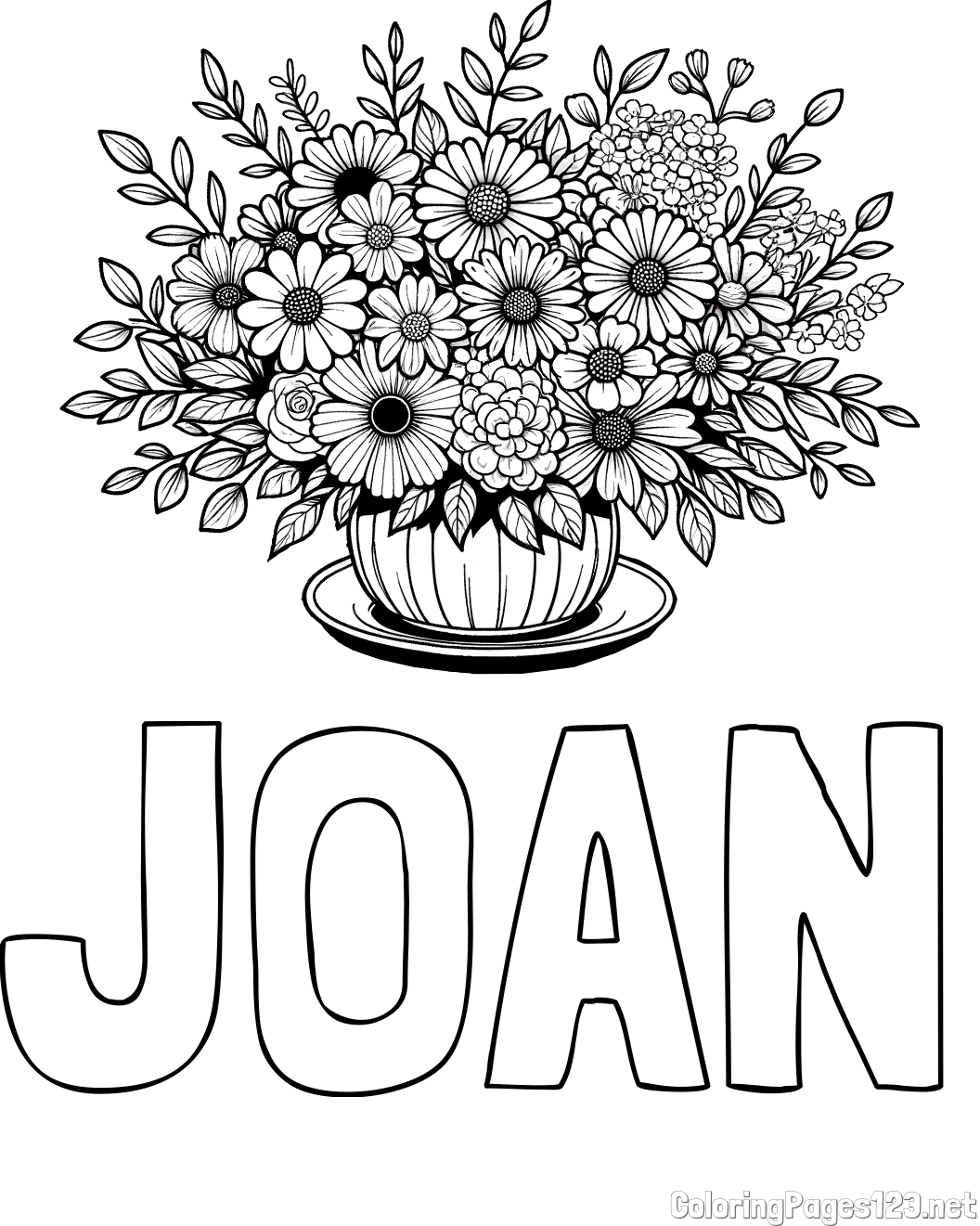 JOAN Coloring Page and Beautiful Bouquet of Flowers Coloring Page
