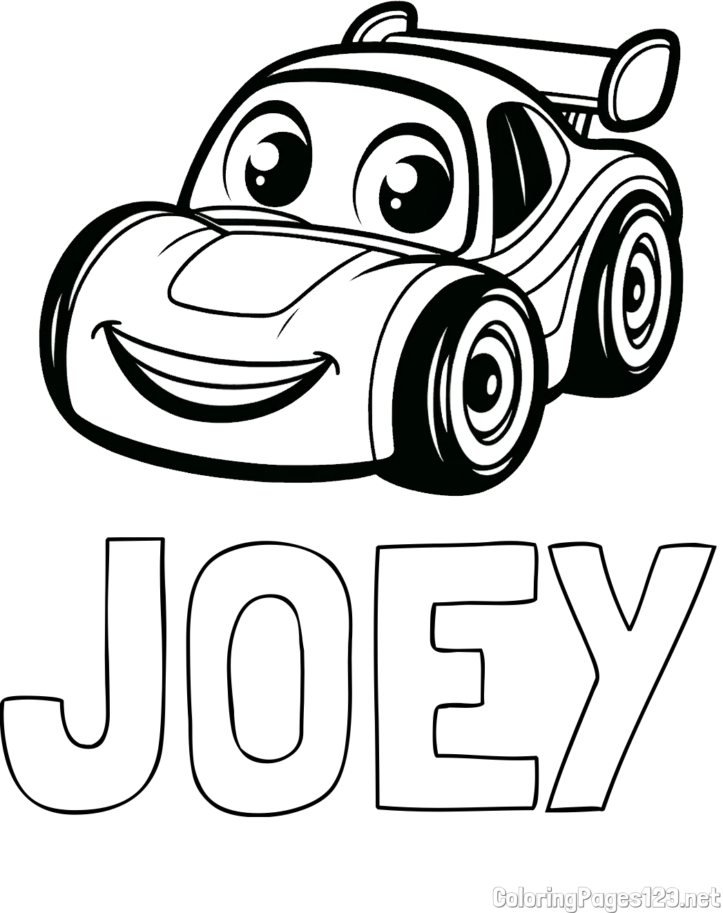 JOEY Coloring Page and Children's Printable Coloring Page of a Racing Car