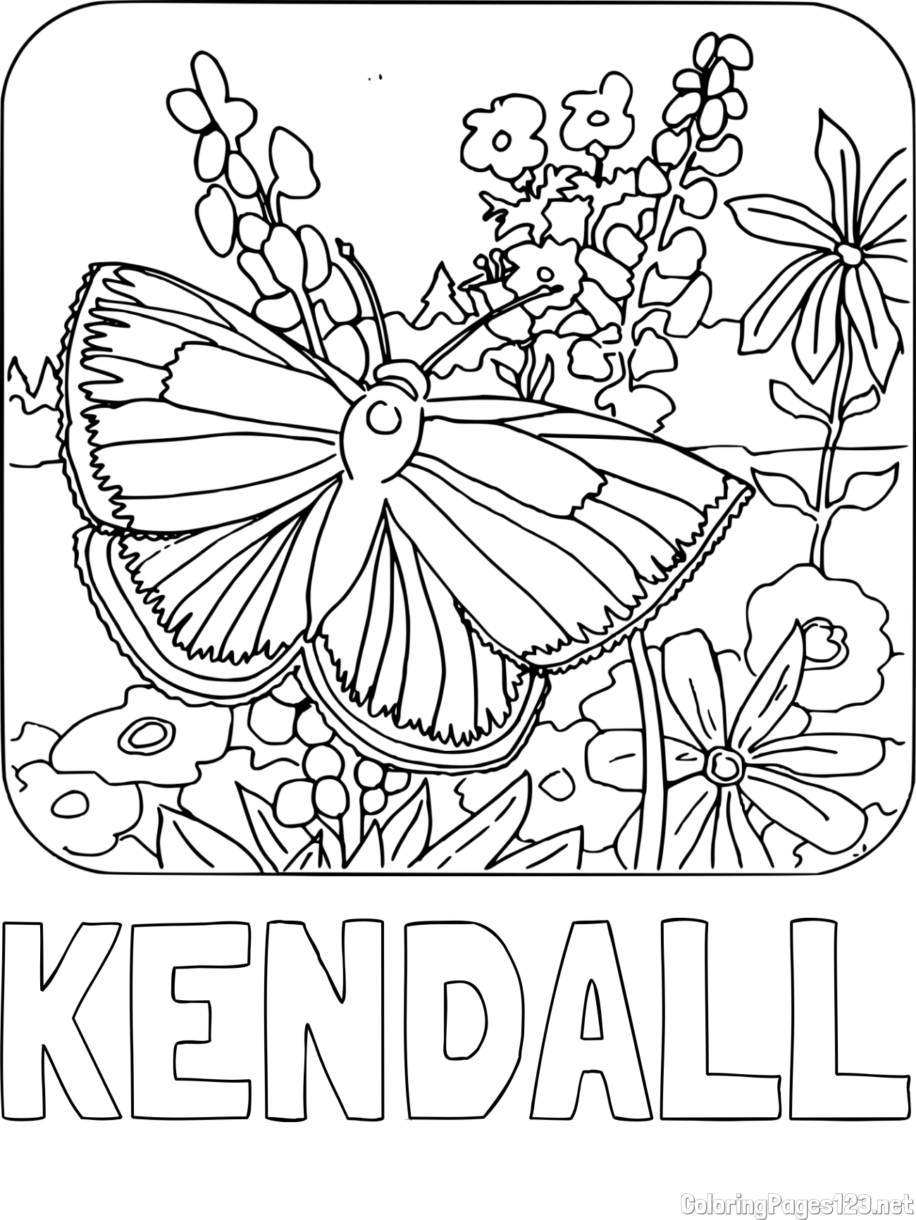 KENDALL Coloring Page and Butterfly on Flower Coloring Page