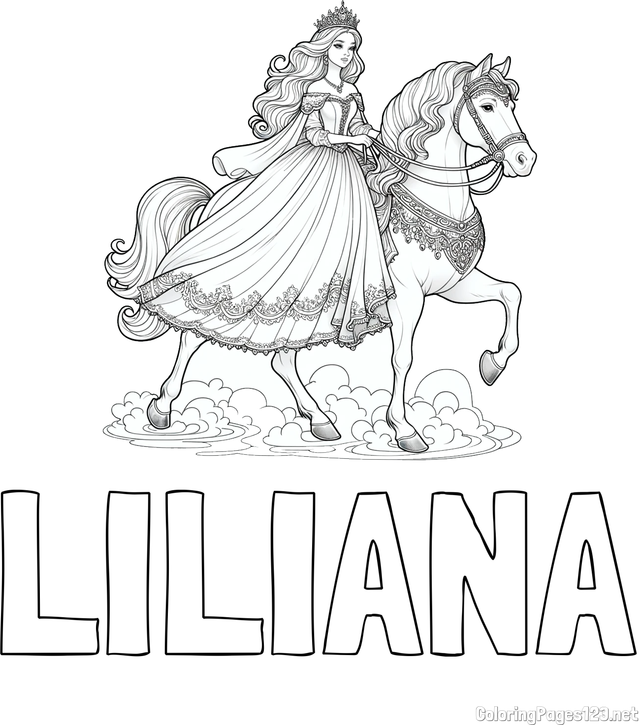 LILIANA Coloring Page and Coloring Page of a Princess on a Horse (realistic)