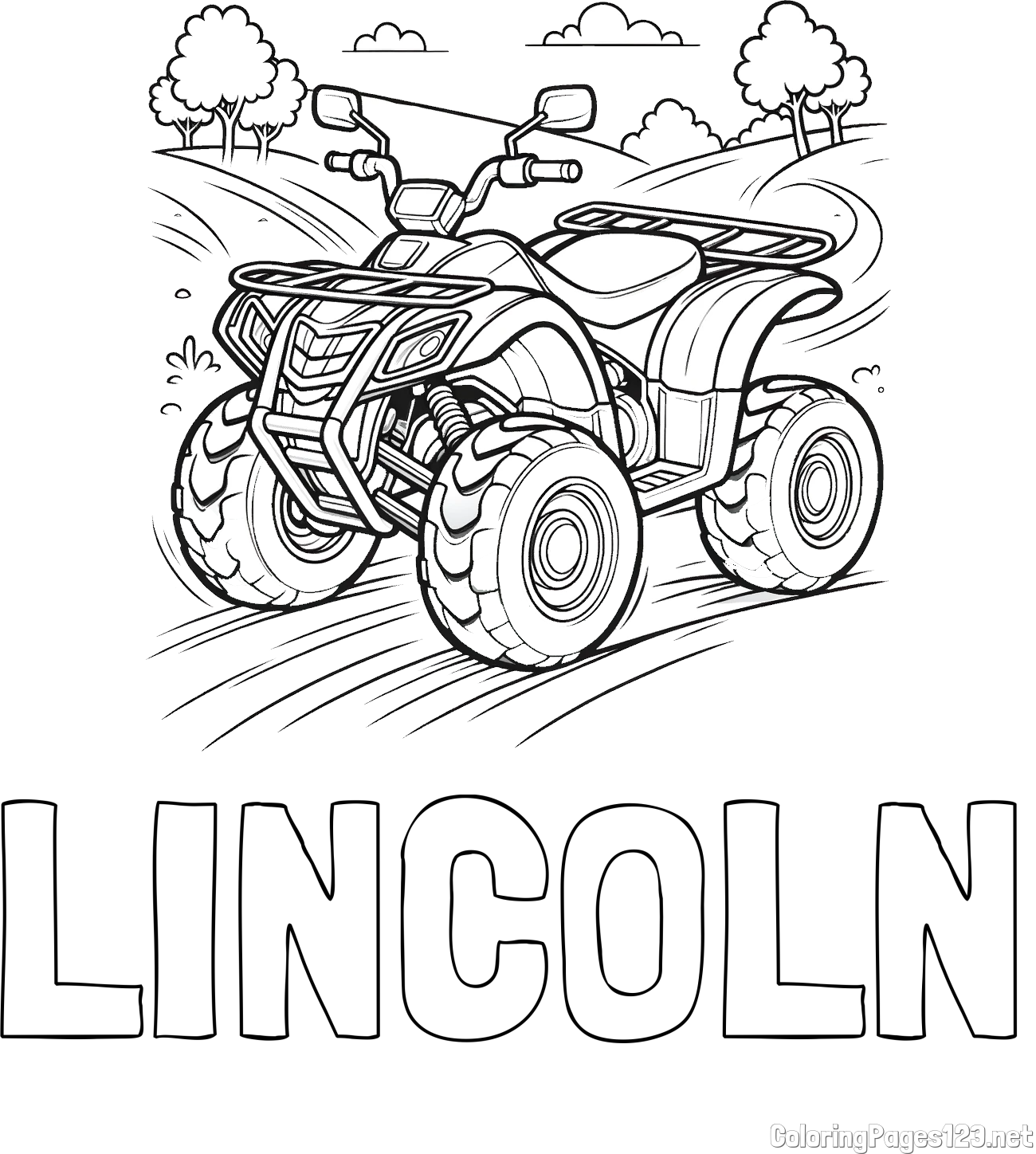 LINCOLN Coloring Page and Four-Wheeler in Nature Coloring Page