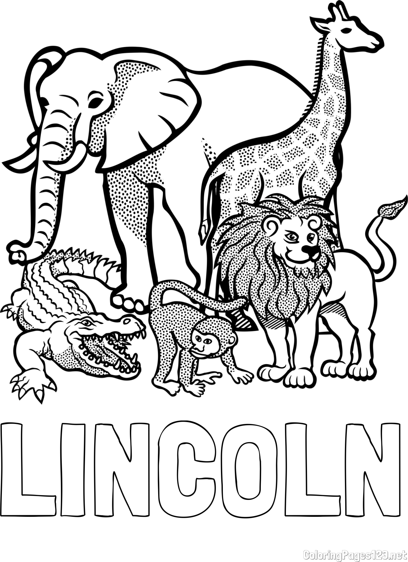 LINCOLN Coloring Page and Zoo Animals Coloring Page - Elephant, Tiger, Monkey, and Crocodile