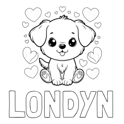 Online Created Coloring Page - LONDYN Coloring Page and Coloring Page of a Cute Dog and Hearts