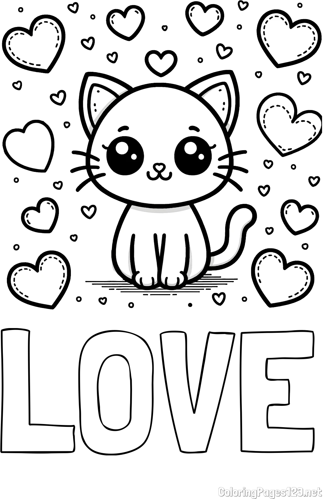 LOVE Coloring Page and Free Coloring Page of a Cat and Hearts