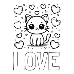 Online Created Coloring Page - LOVE Coloring Page and Free Coloring Page of a Cat and Hearts