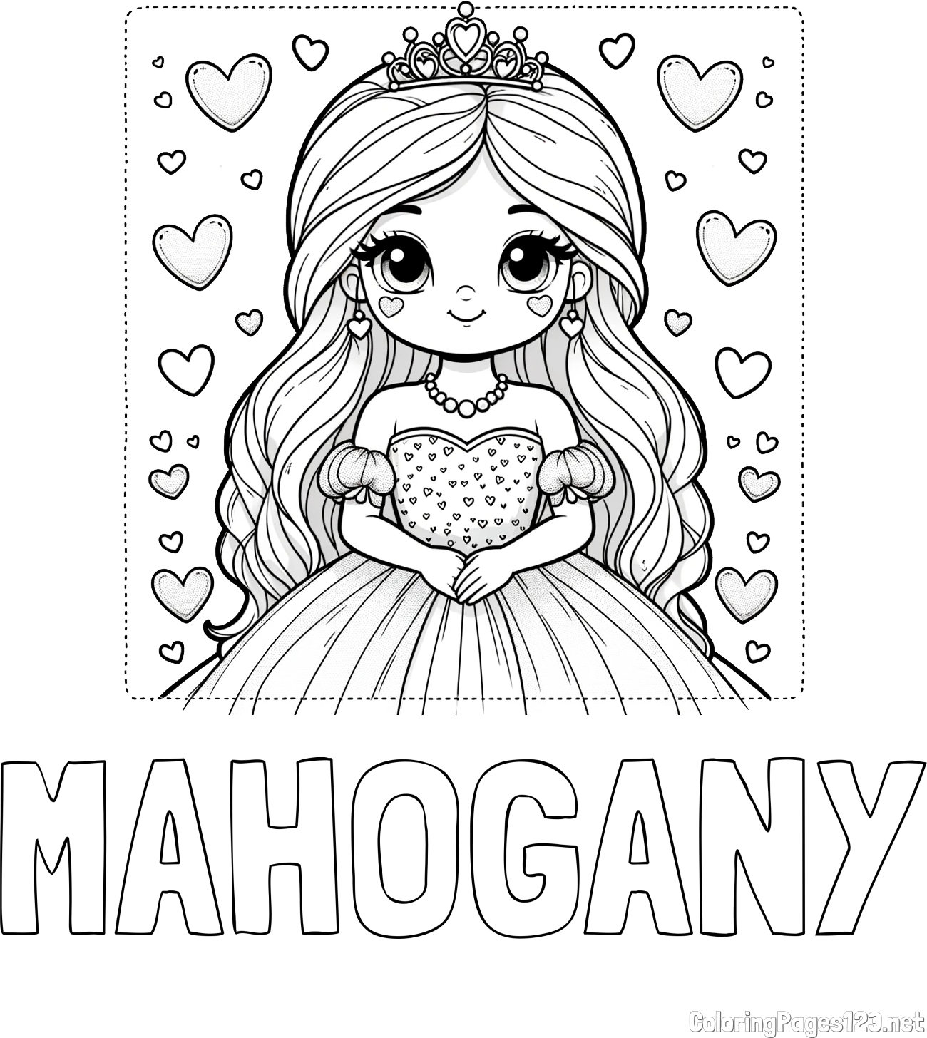 MAHOGANY Coloring Page and Coloring Page of a Princess Surrounded by Hearts