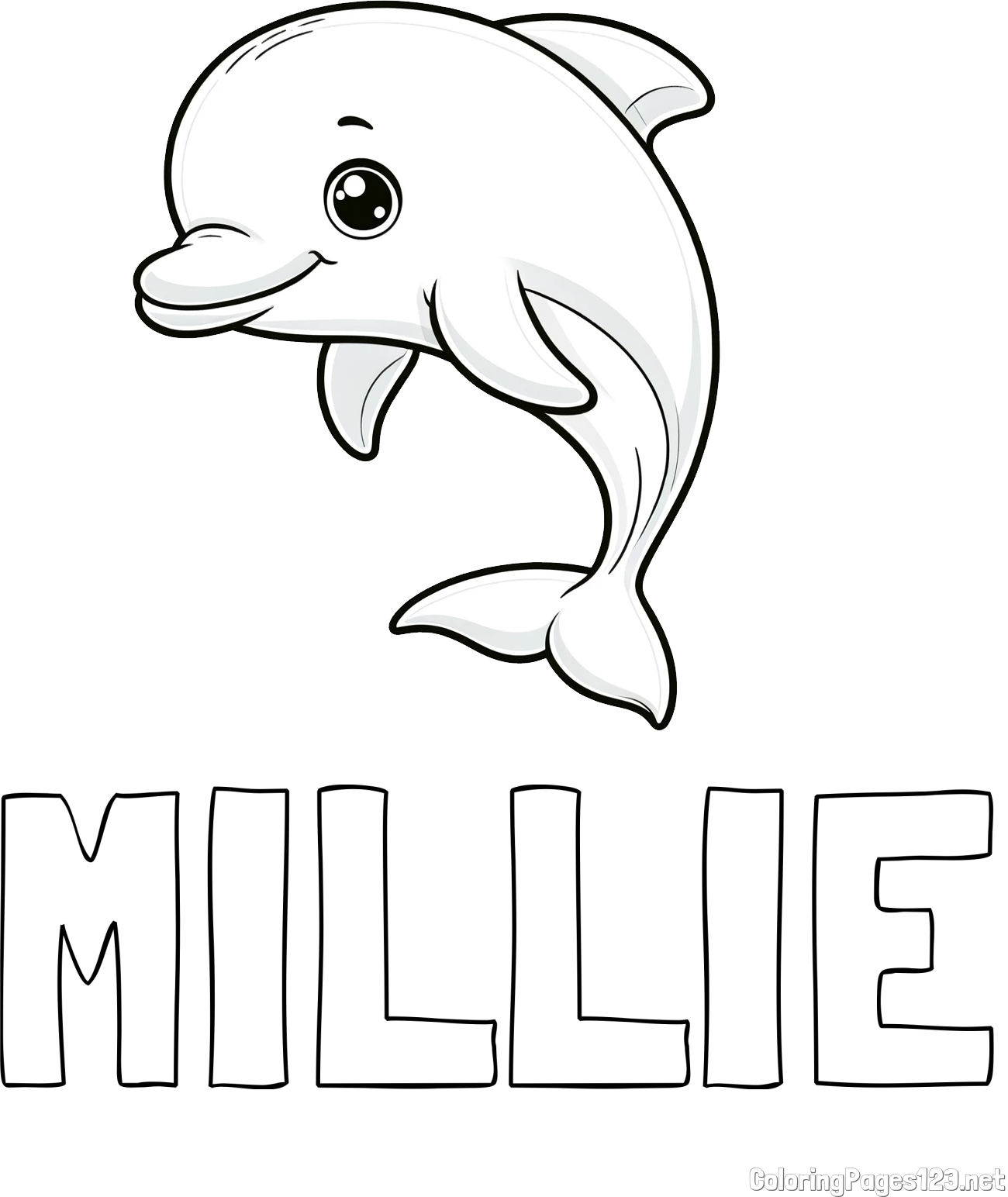 MILLIE Coloring Page and Children's Coloring Book of a Cute Dolphin