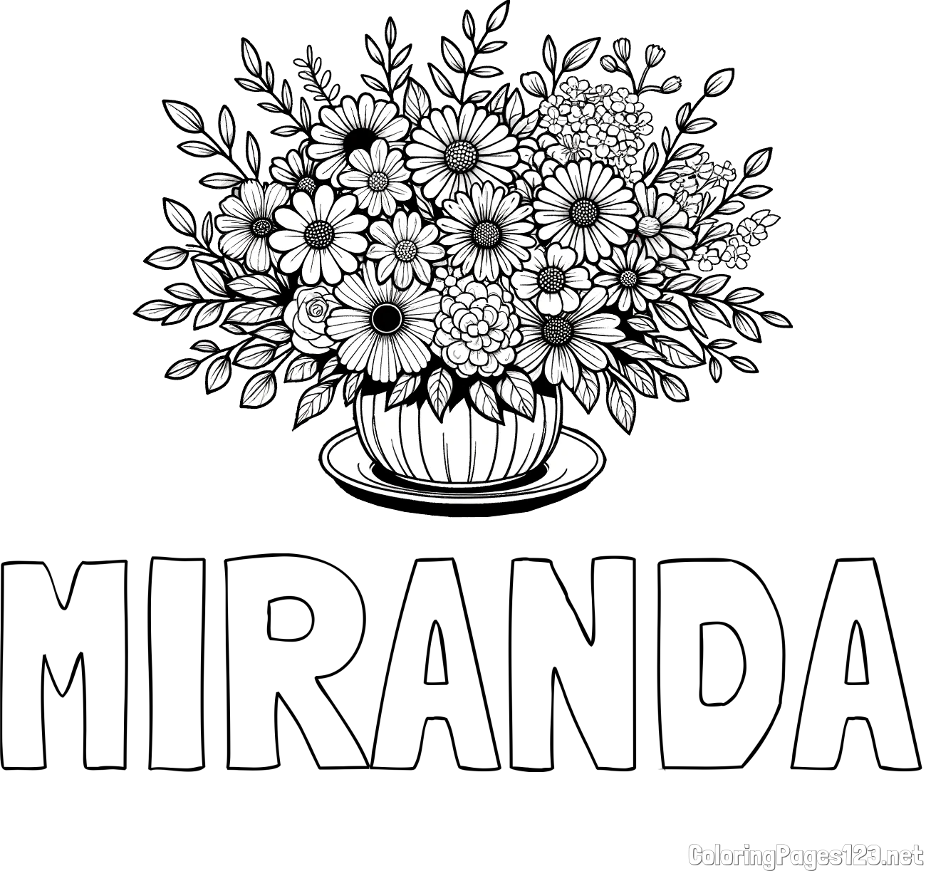 MIRANDA Coloring Page and Beautiful Bouquet of Flowers Coloring Page