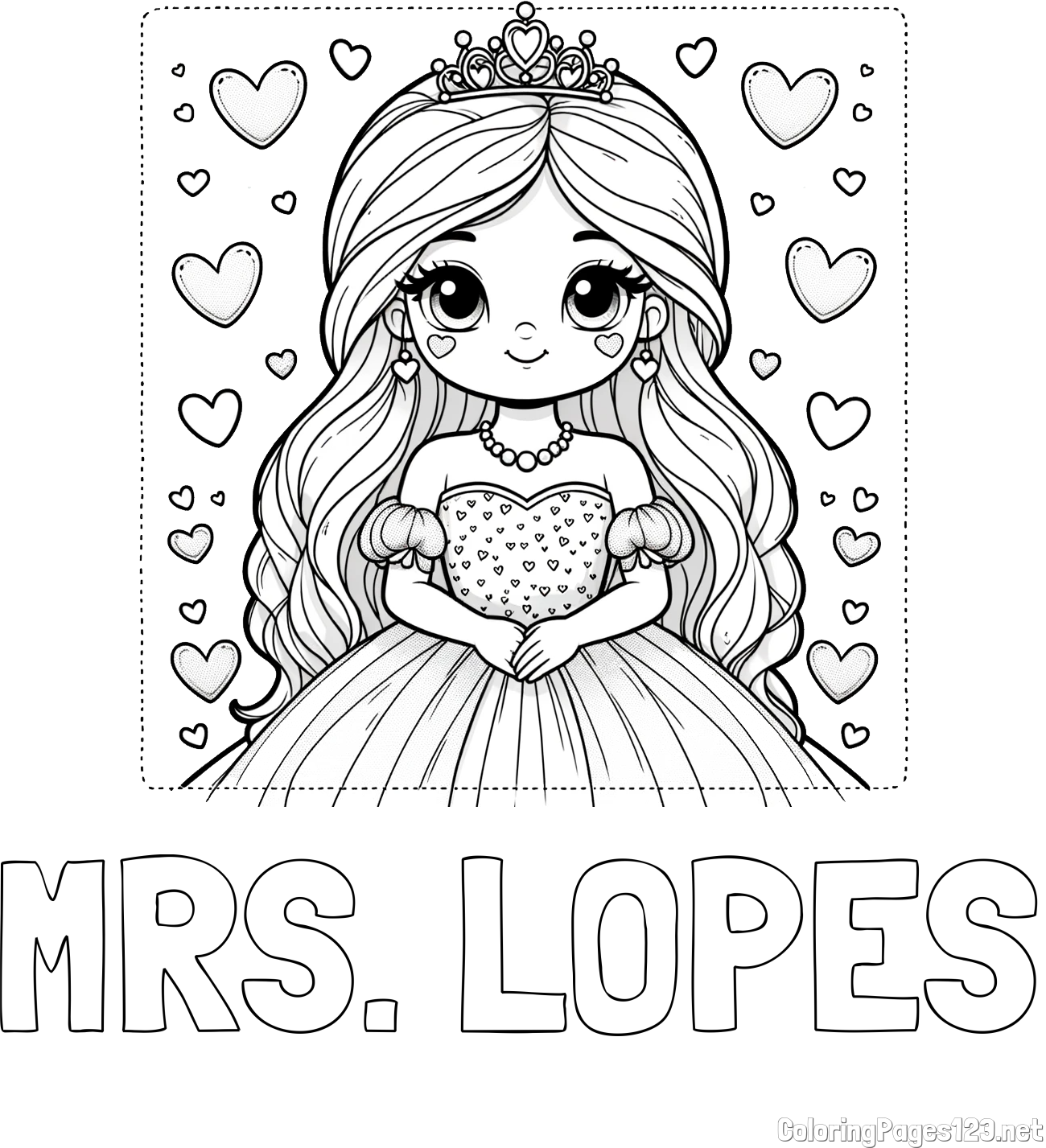MRS. LOPES Coloring Page and Coloring Page of a Princess Surrounded by Hearts